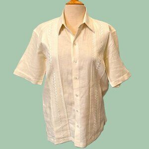 Jon Sonen Guyabera Mexican Wedding Shirt Mens Medium Embroidery Linen Cream
